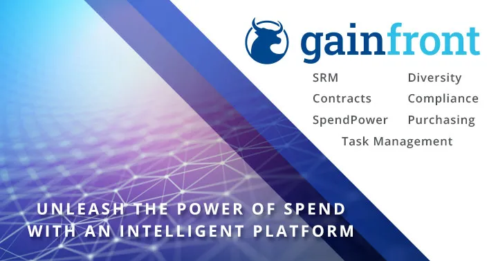 Gainfront platform graphic listing supplier lifecycle modules: SRM, contracts, SpendPower, diversity, compliance, purchasing and task management