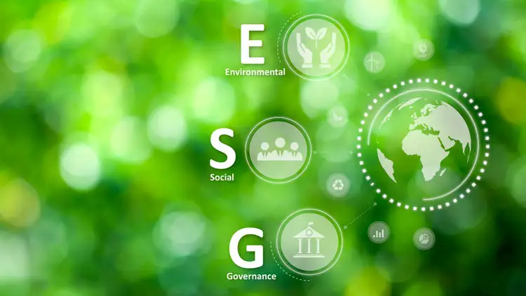 ESG icons for Environmental, Social, and Governance over a green background